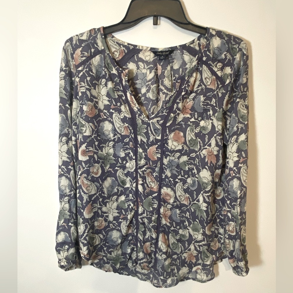 Lucky Brand Blue Fall Floral Shirt Blouse Boho Peasant Women's Size Small